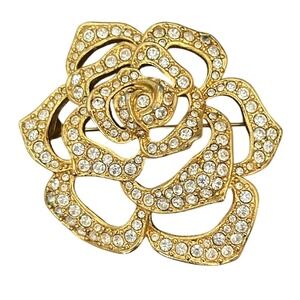 VTG‎ Elizabeth Taylor for Avon Rhinestone Rose Brooch Gold Tone Signed 1990s